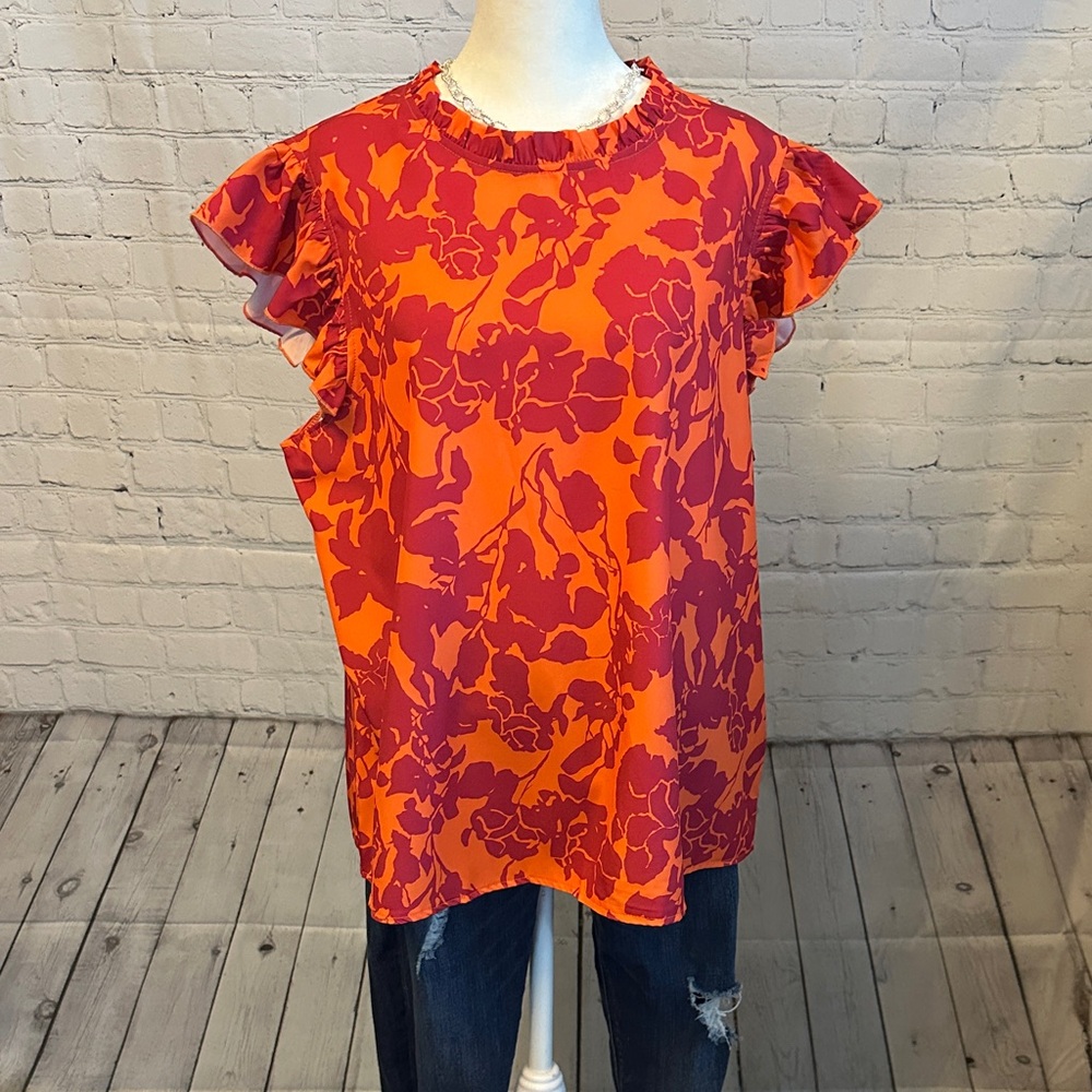 Vibrant Floral Ruffle Sleeve Blouse